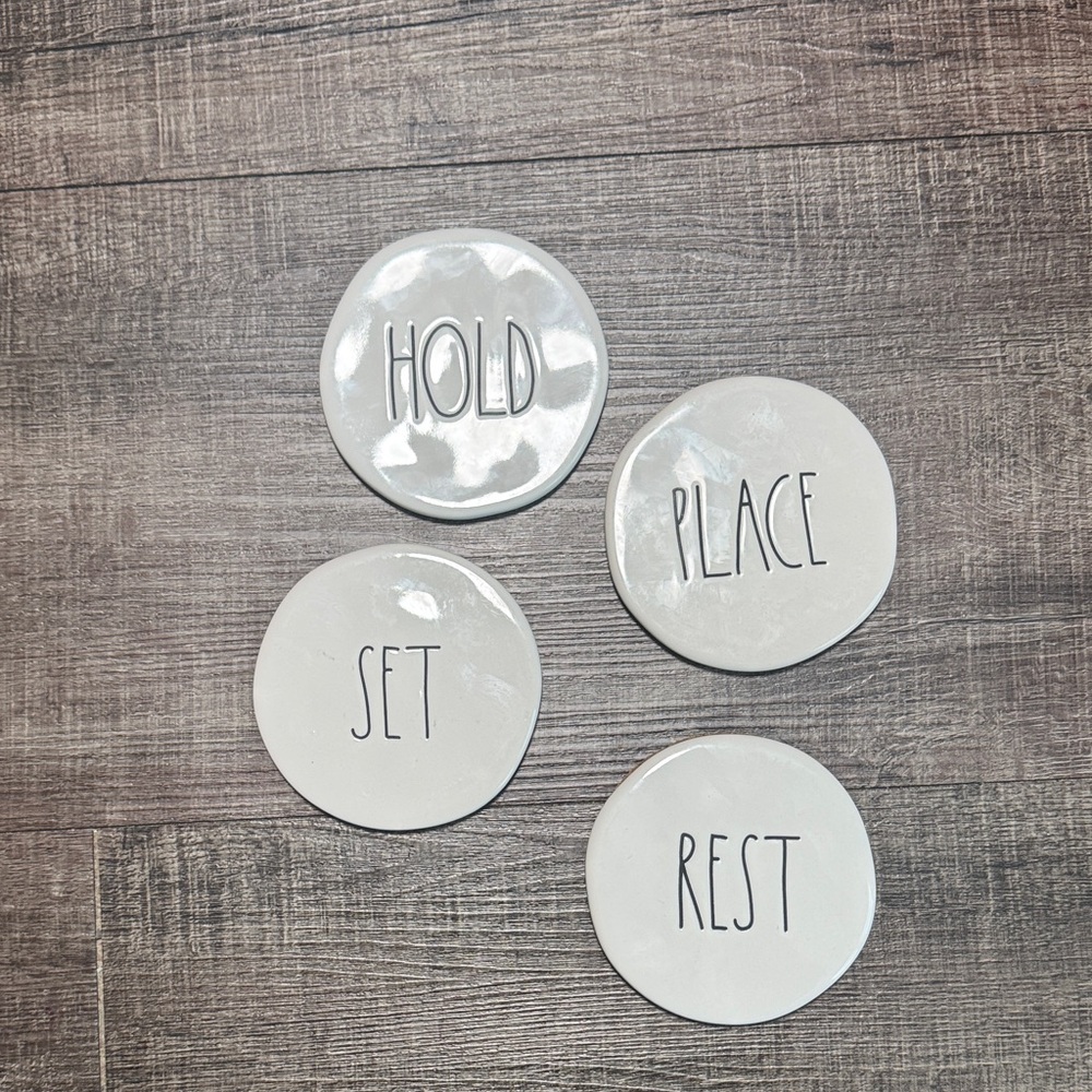 Rae Dunn White Ceramic Coaster Set with Text